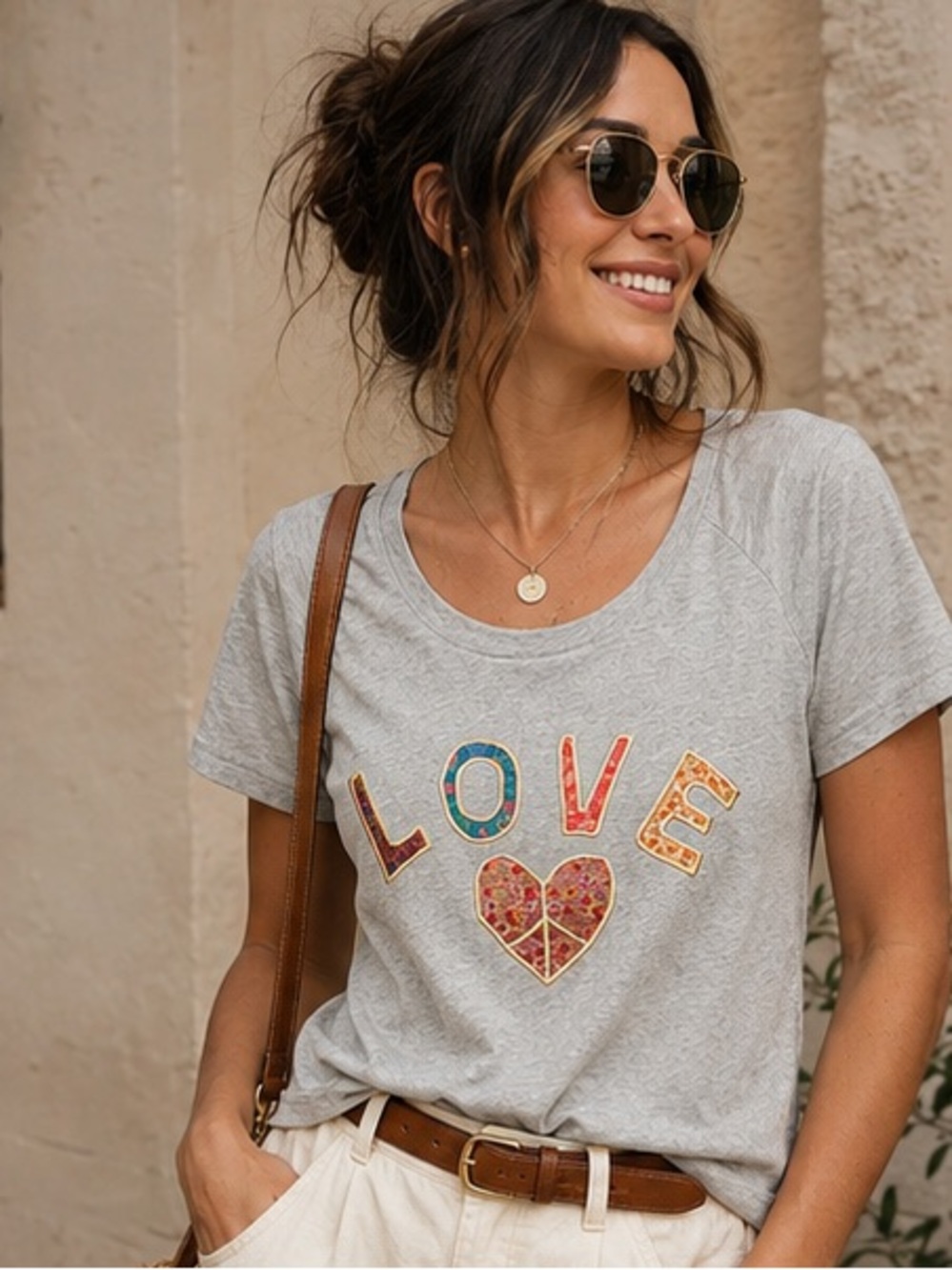Natural Life LOVE Peace Heart Patch Work Tee Gray Small NWT - Picture 2 of 5